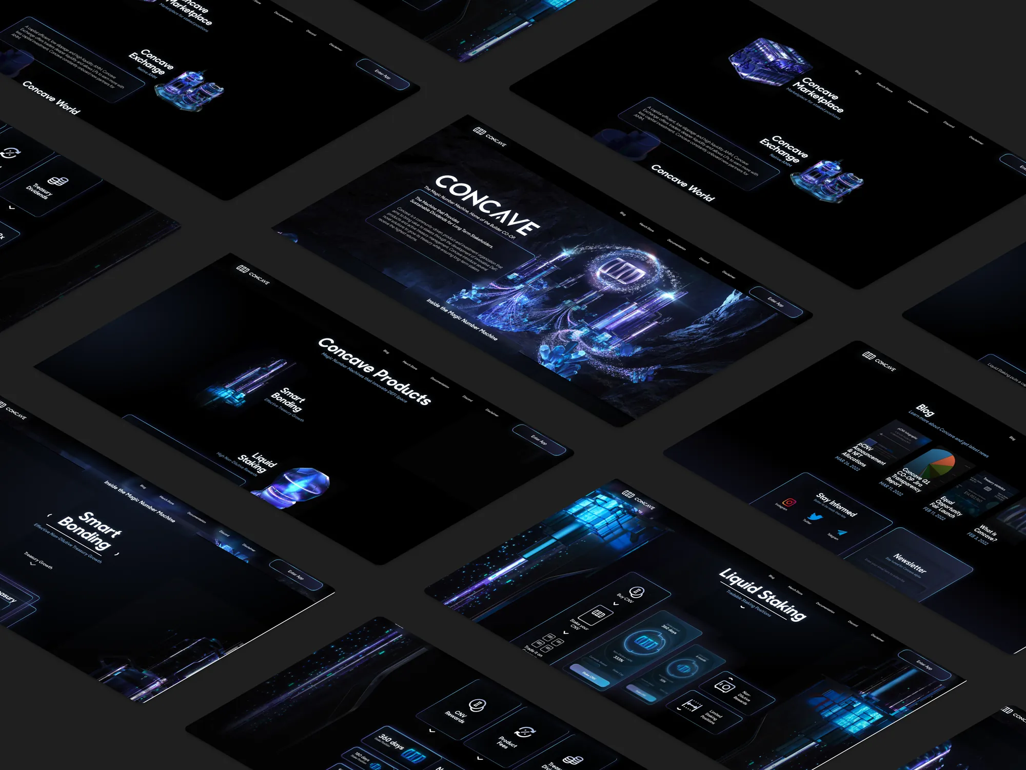 Concave app screens for staking, bonding, and treasury pages