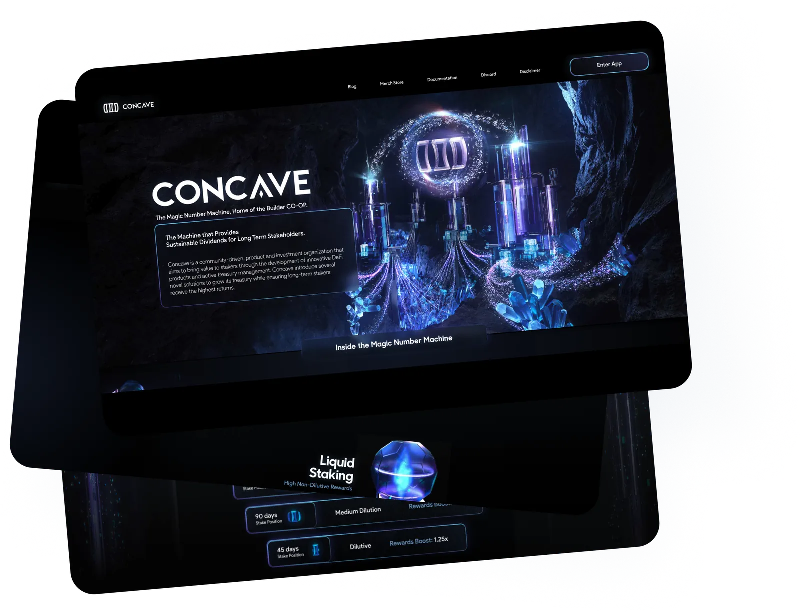 Concave website and app screens