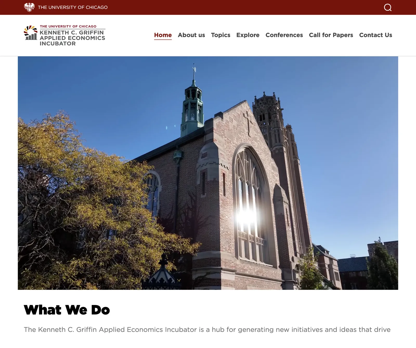 Incubator homepage with the site navigation and a University of Chicago campus photo