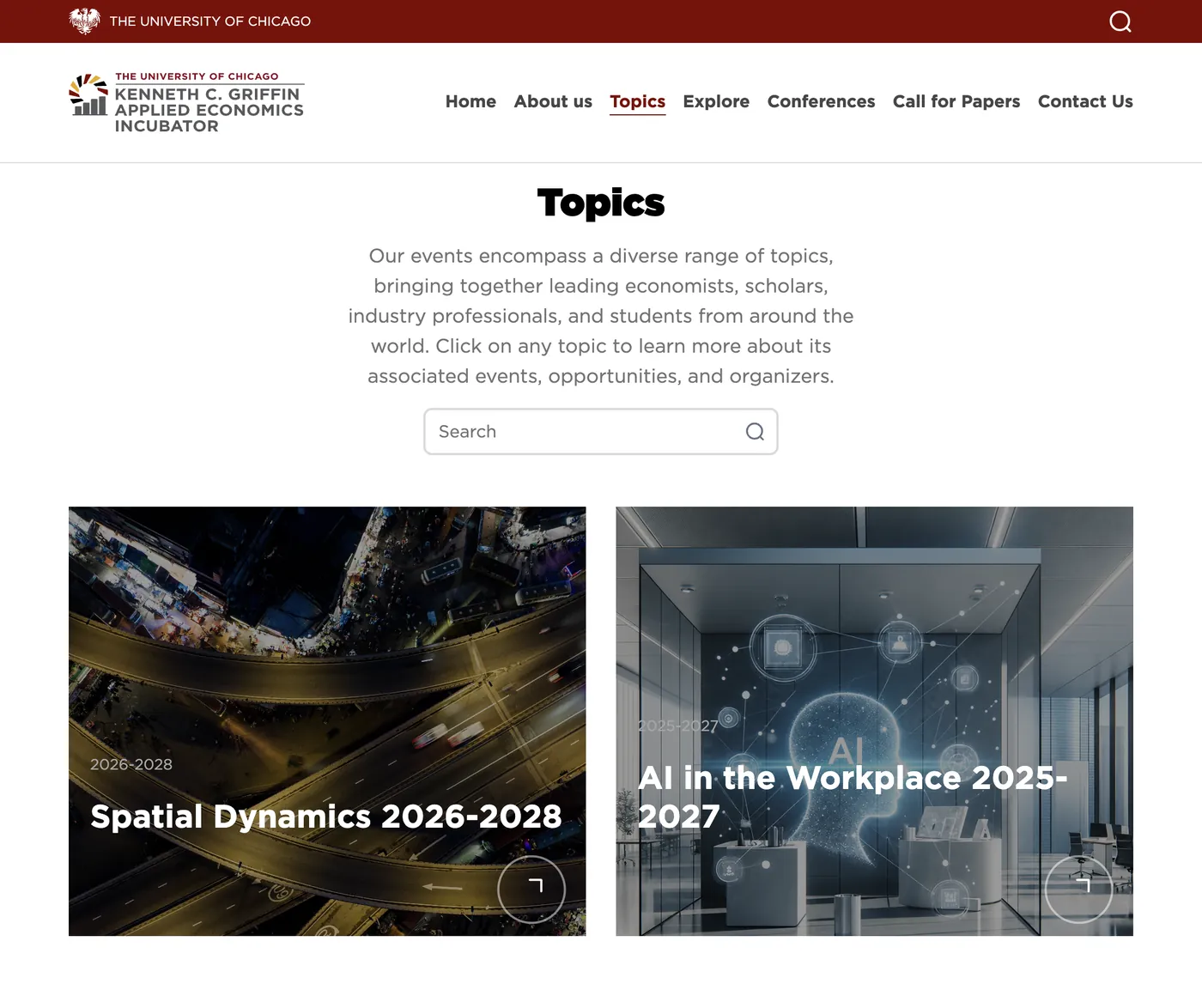 Incubator topics page with a search field and cards for Spatial Dynamics and AI in the Workplace