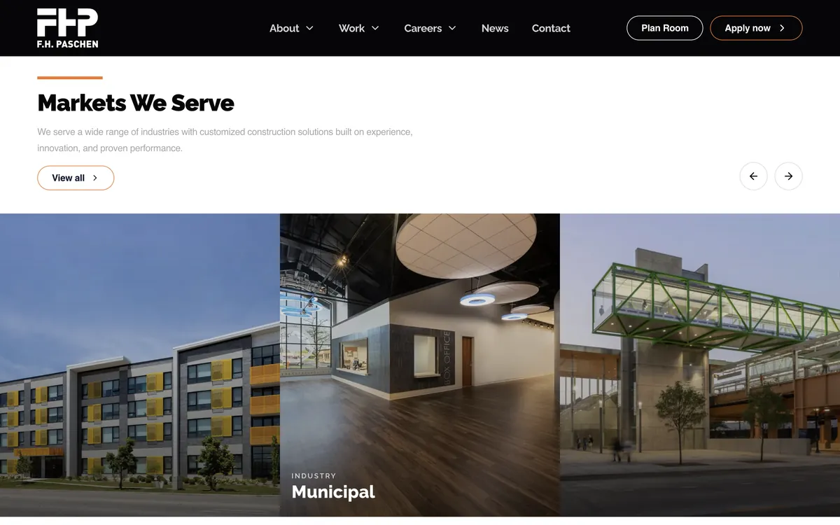 Markets We Serve carousel with multi-family housing, municipal, and transit projects