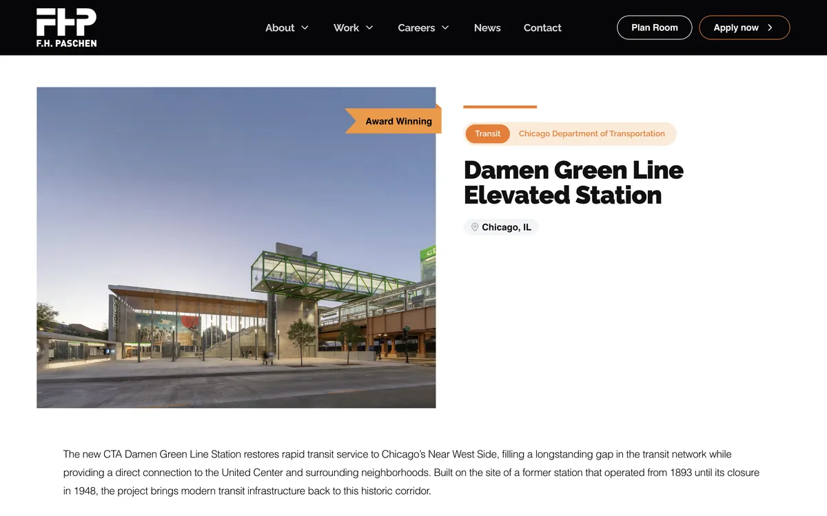 Damen Green Line Elevated Station project page with an award badge, market, client, and location