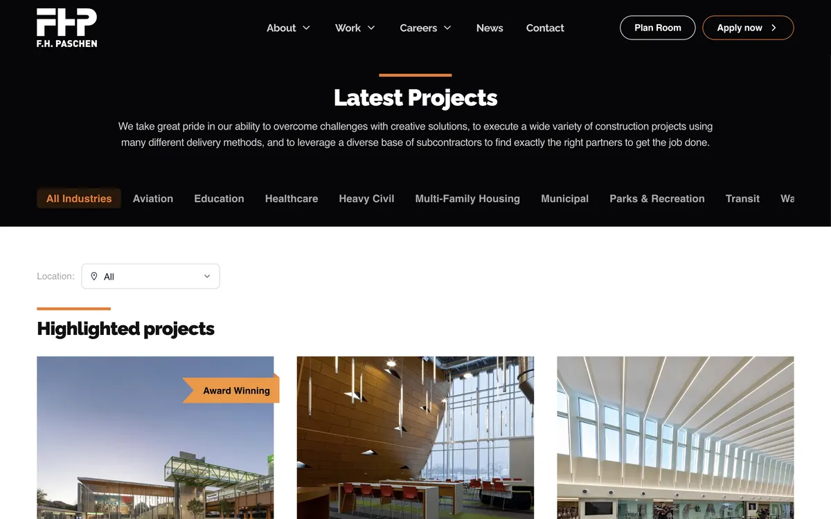 F.H. Paschen projects page with market filters, a location filter, and highlighted projects
