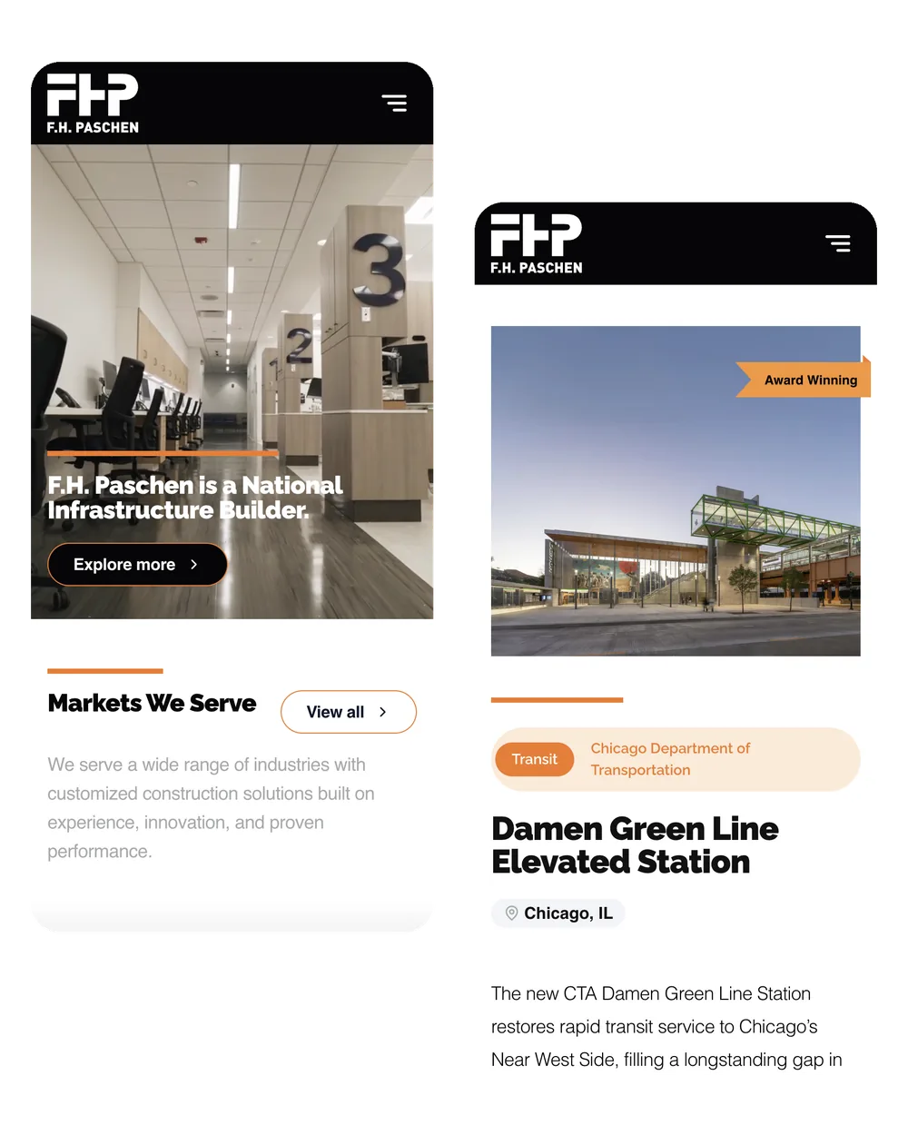 F.H. Paschen homepage and the Damen Green Line Elevated Station project page on phones