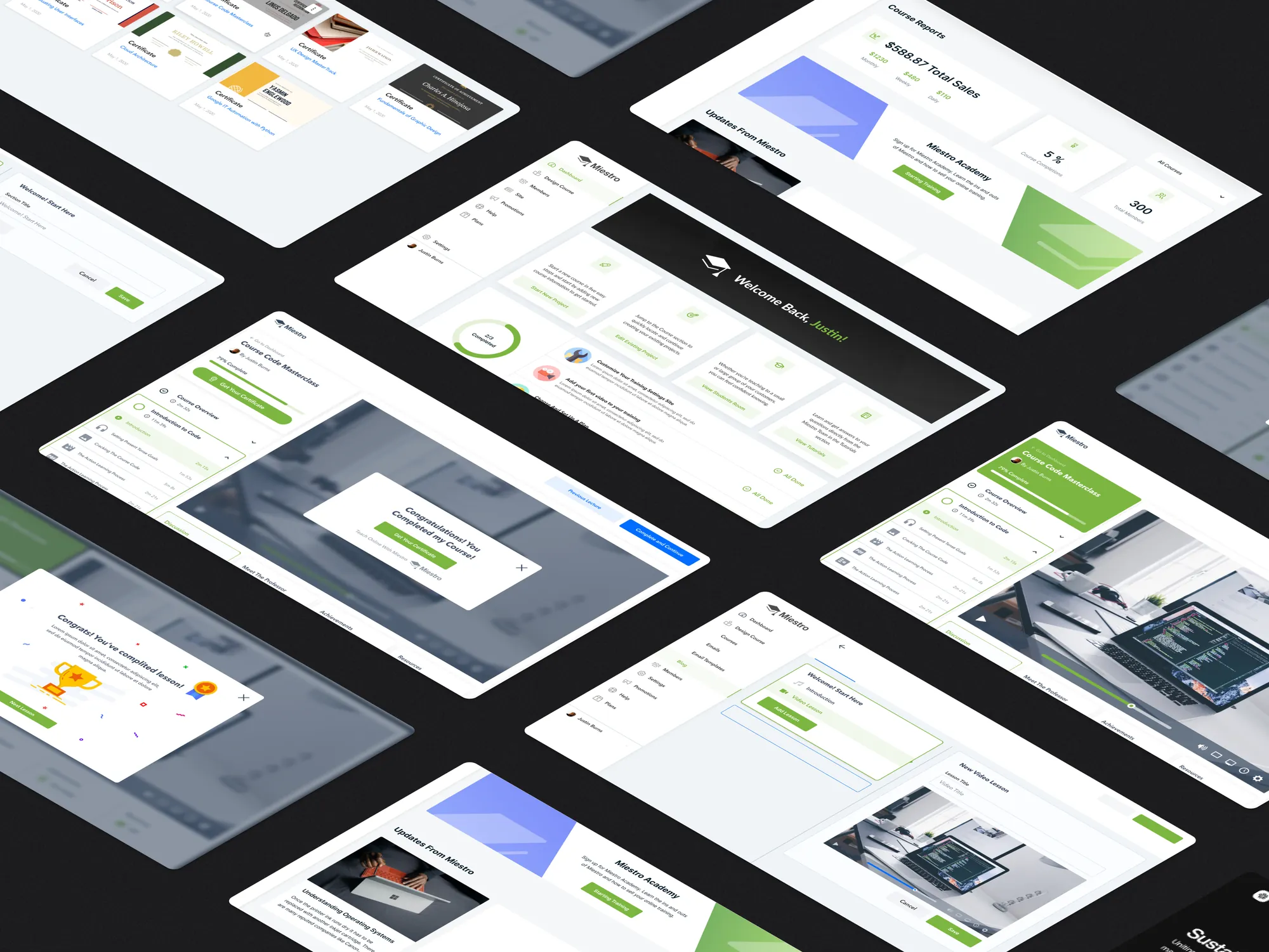 Miestro dashboard, course player, completion messages, and certificates