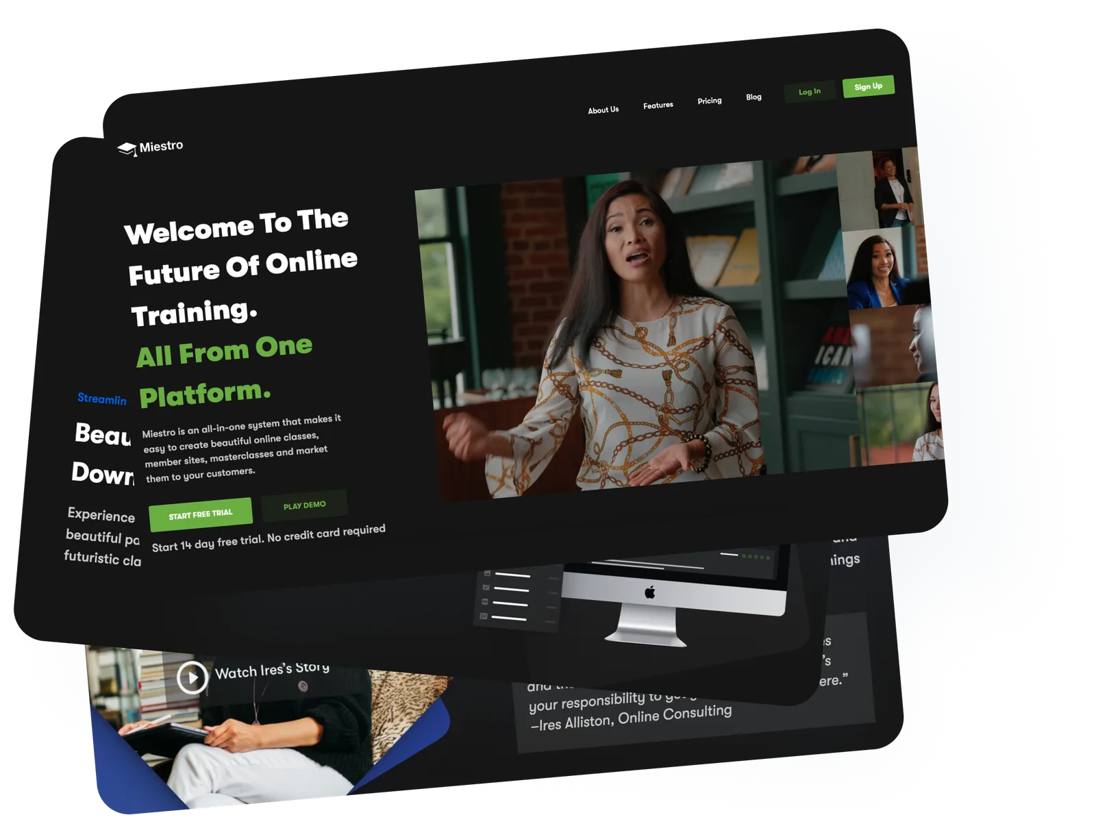 Miestro marketing site and course pages on desktop