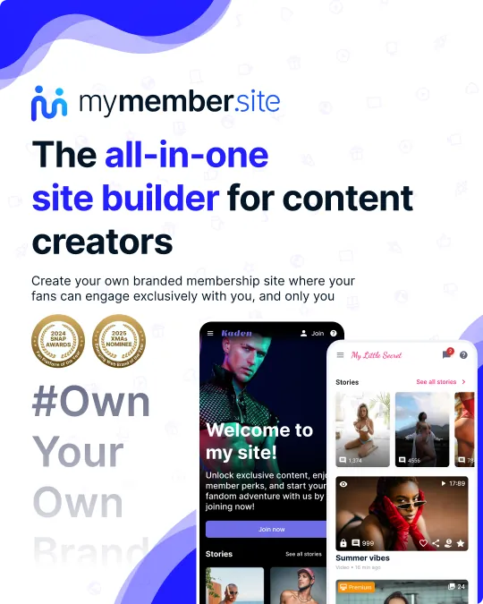 mymember.site marketing page with two creator sites on mobile