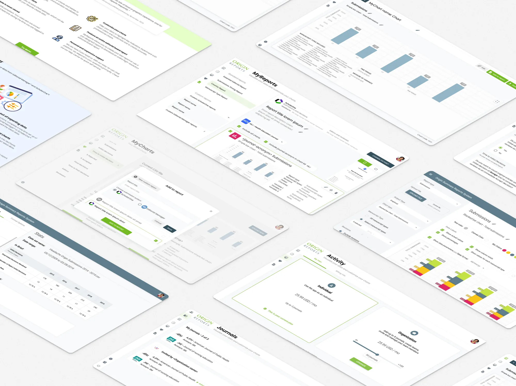 Origin Reports chart builder and report screens