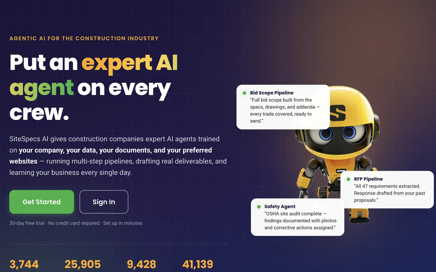 SiteSpecs AI homepage with the headline “Put an expert AI agent on every crew” and status cards for bid scope, RFP, and safety agents