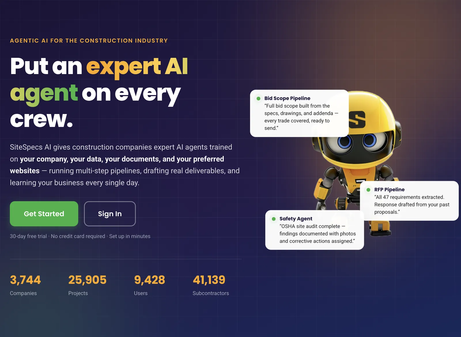 SiteSpecs AI homepage showing pipeline status cards for a bid scope, an RFP response, and an OSHA site audit