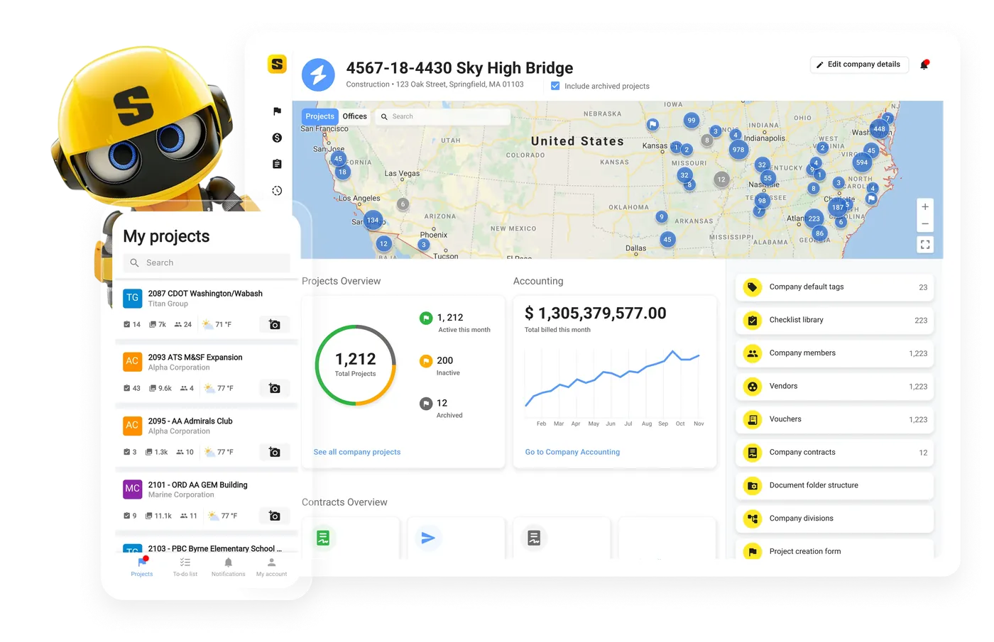 Site Specs dashboard with a project map, project totals, and billing, beside the mobile project list