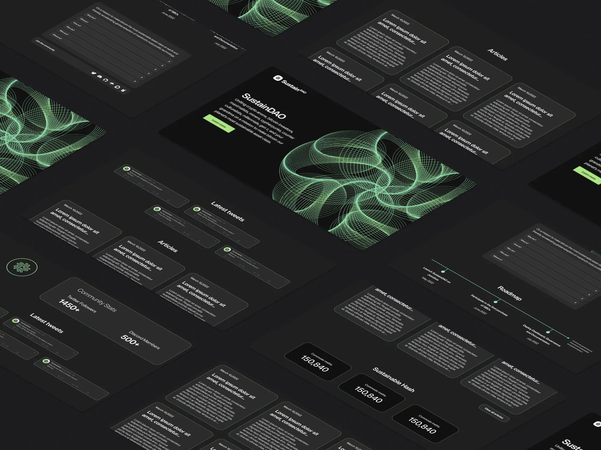 SustainDAO page designs on a dark background